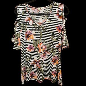 Como Blue | Striped Floral Cold Shoulder Top | Size Large